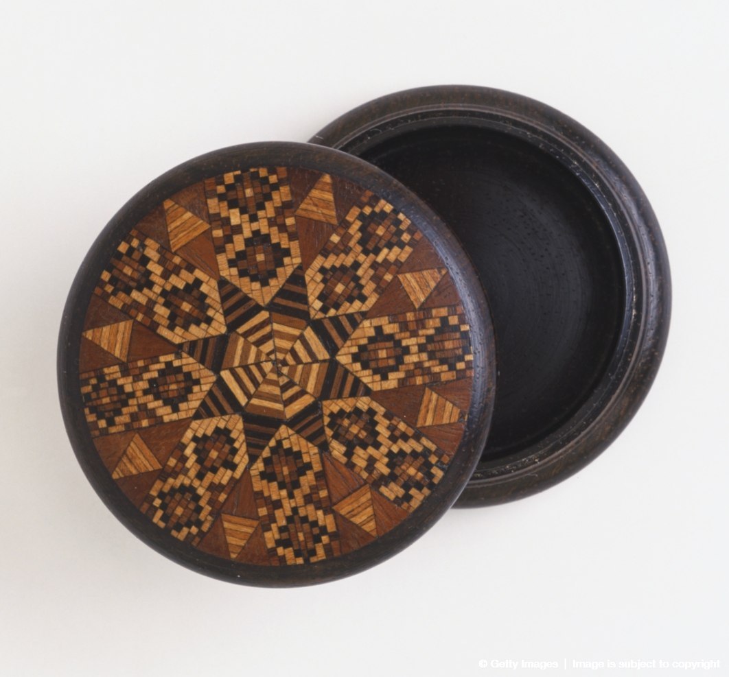 Wooden pot with marquetry lid.